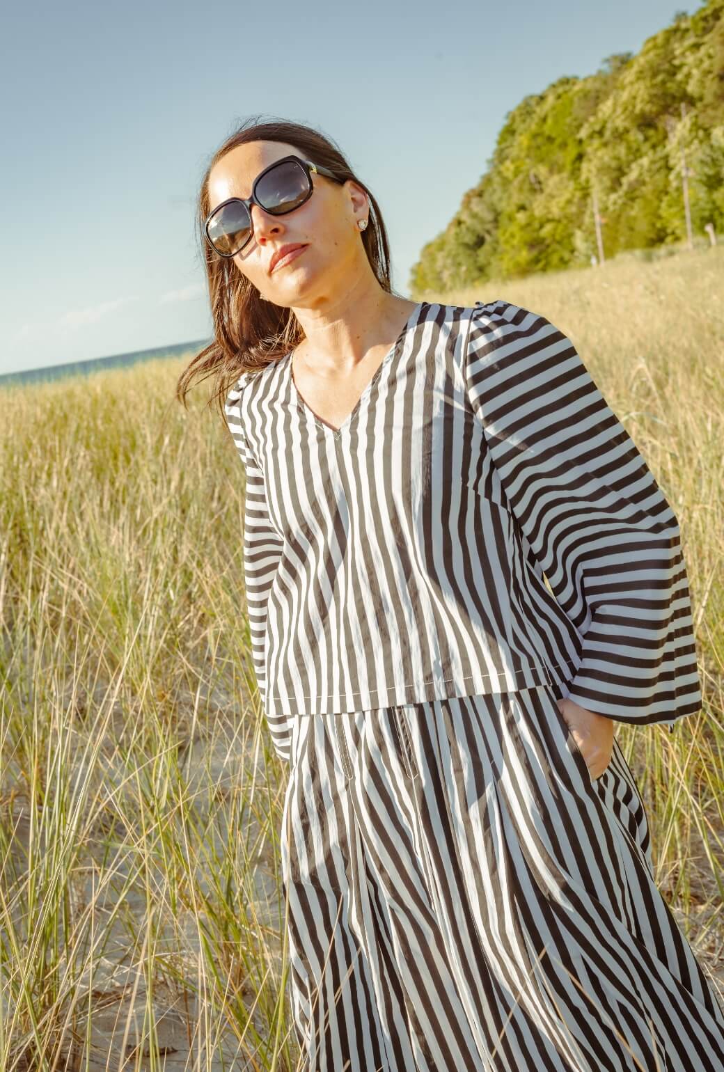 Bell Sleeve V-Neck Top - Black and White Stripe - BURU