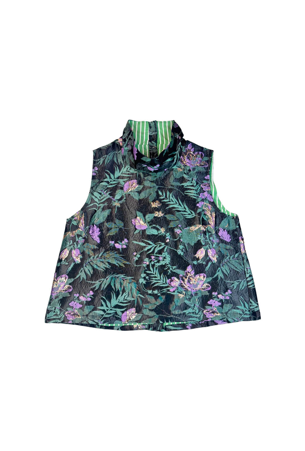 Cropped Sleeveless Mod Top - Sage & Lilac Brocade - BURU