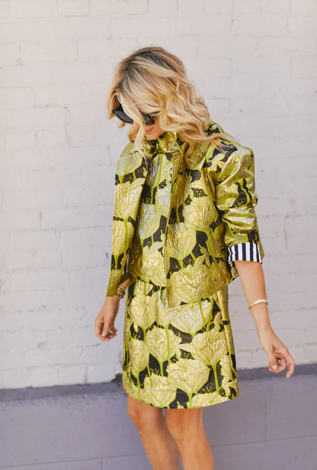 Cropped Boyfriend Blazer - Chartreuse and Black Brocade - BURU