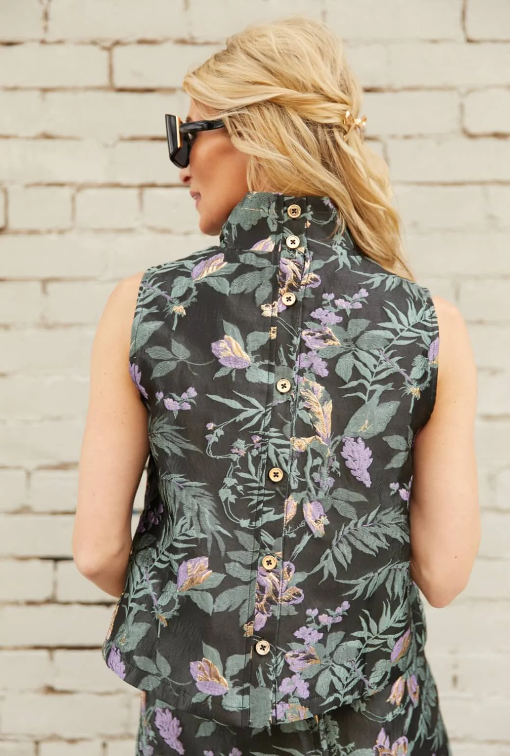 Cropped Sleeveless Mod Top - Sage & Lilac Brocade - BURU