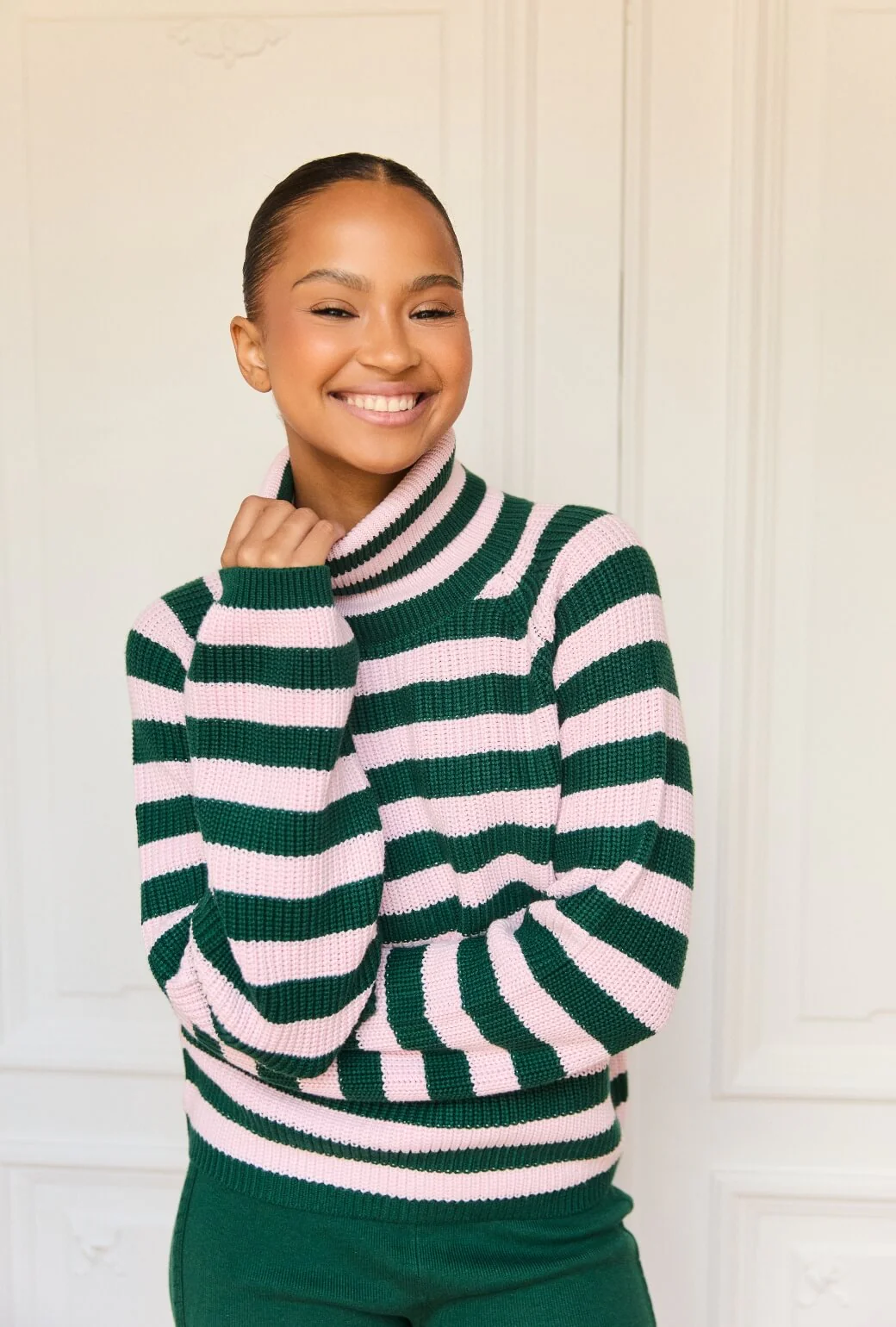The Schafer Stripe Sweater - Deep Green & Ballet Pink - BURU
