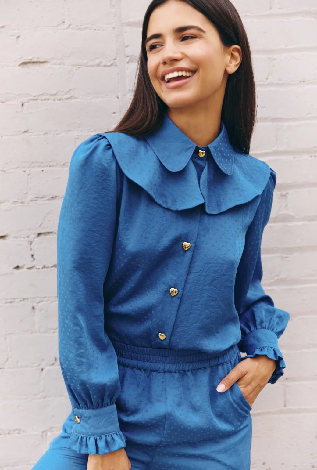 Ruffle Button Down - Cornflower Dot - BURU