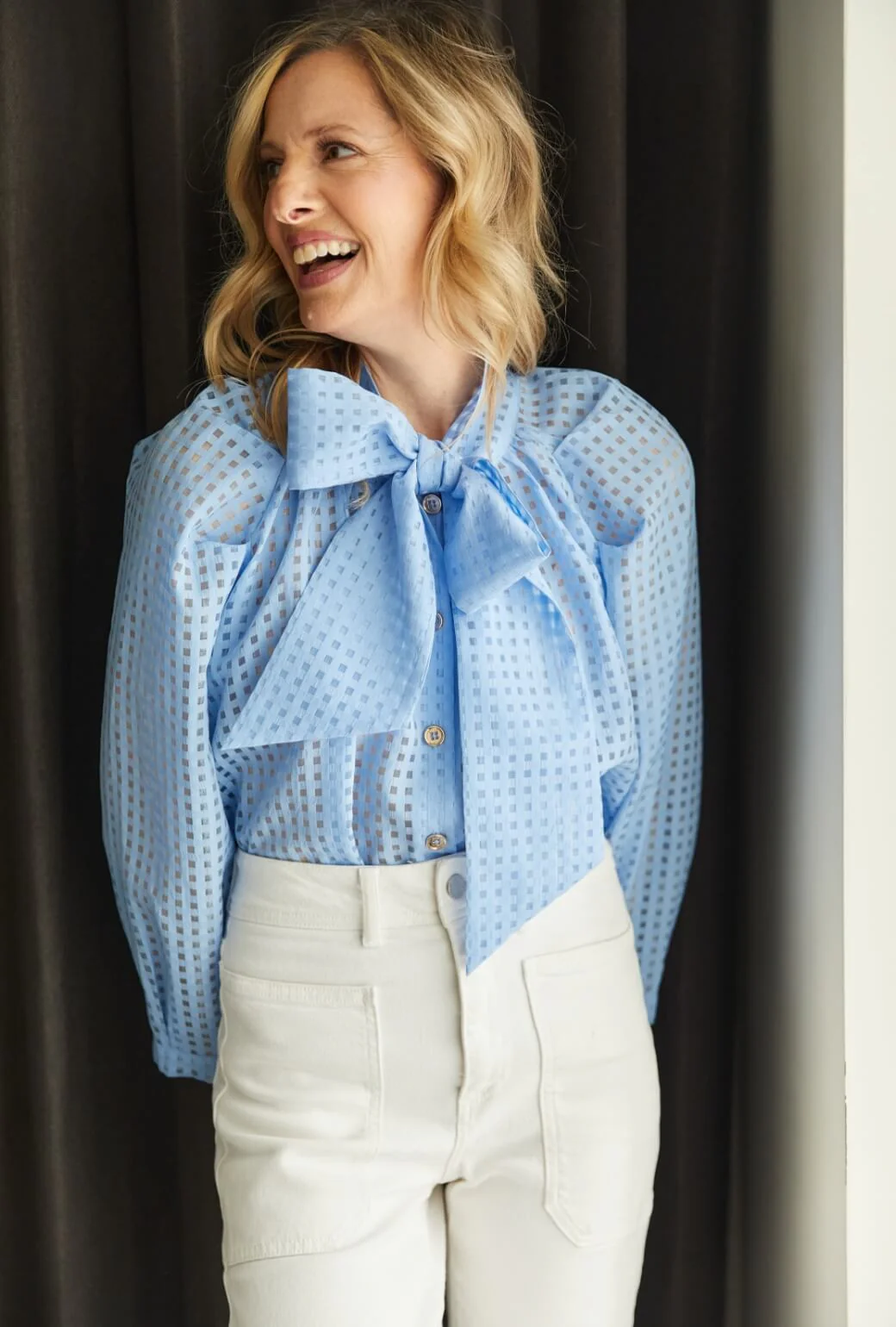 Big Bow Blouse - Blue Sheer Gingham - BURU