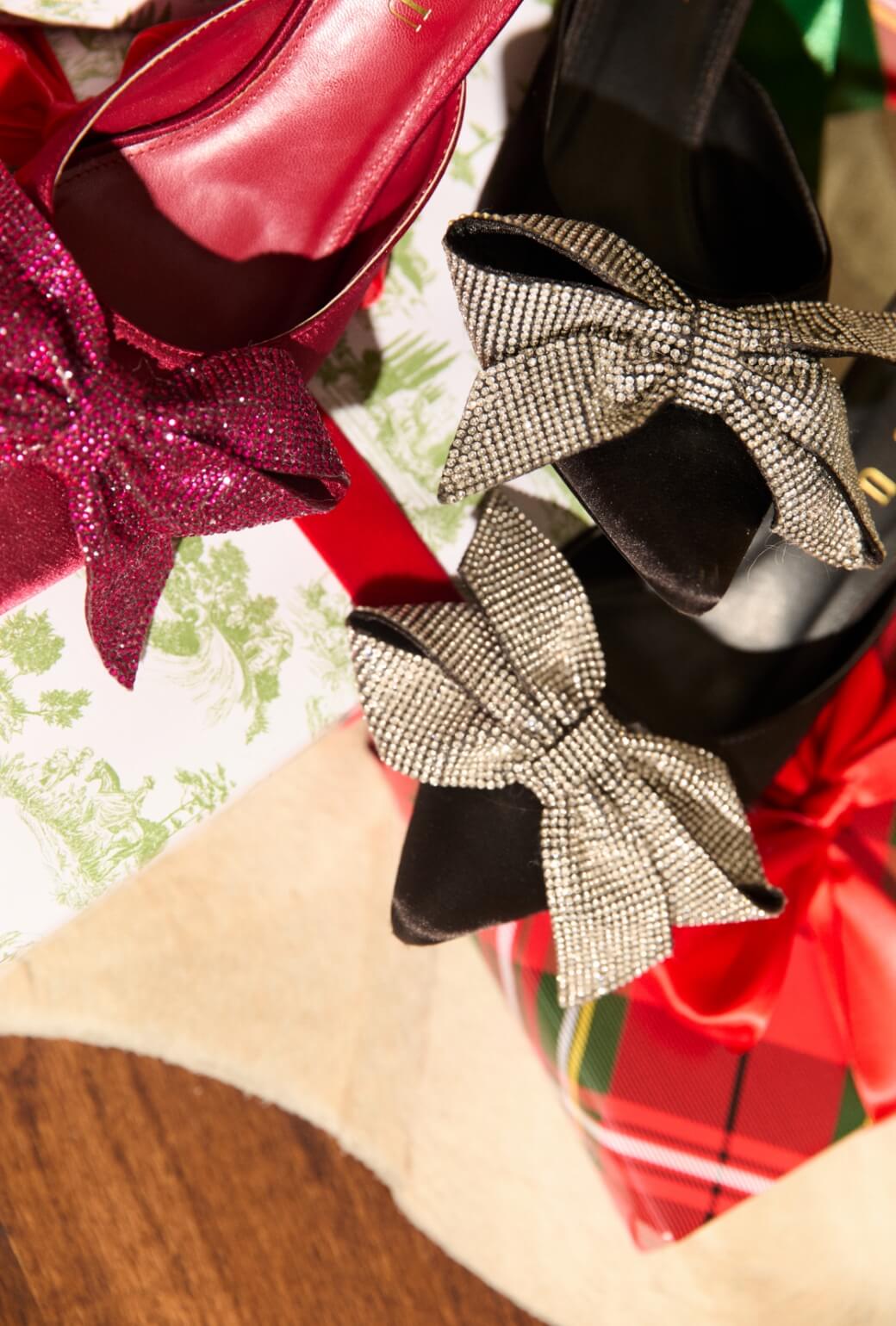 Rhinestone Bow Mules - Black Satin - BURU