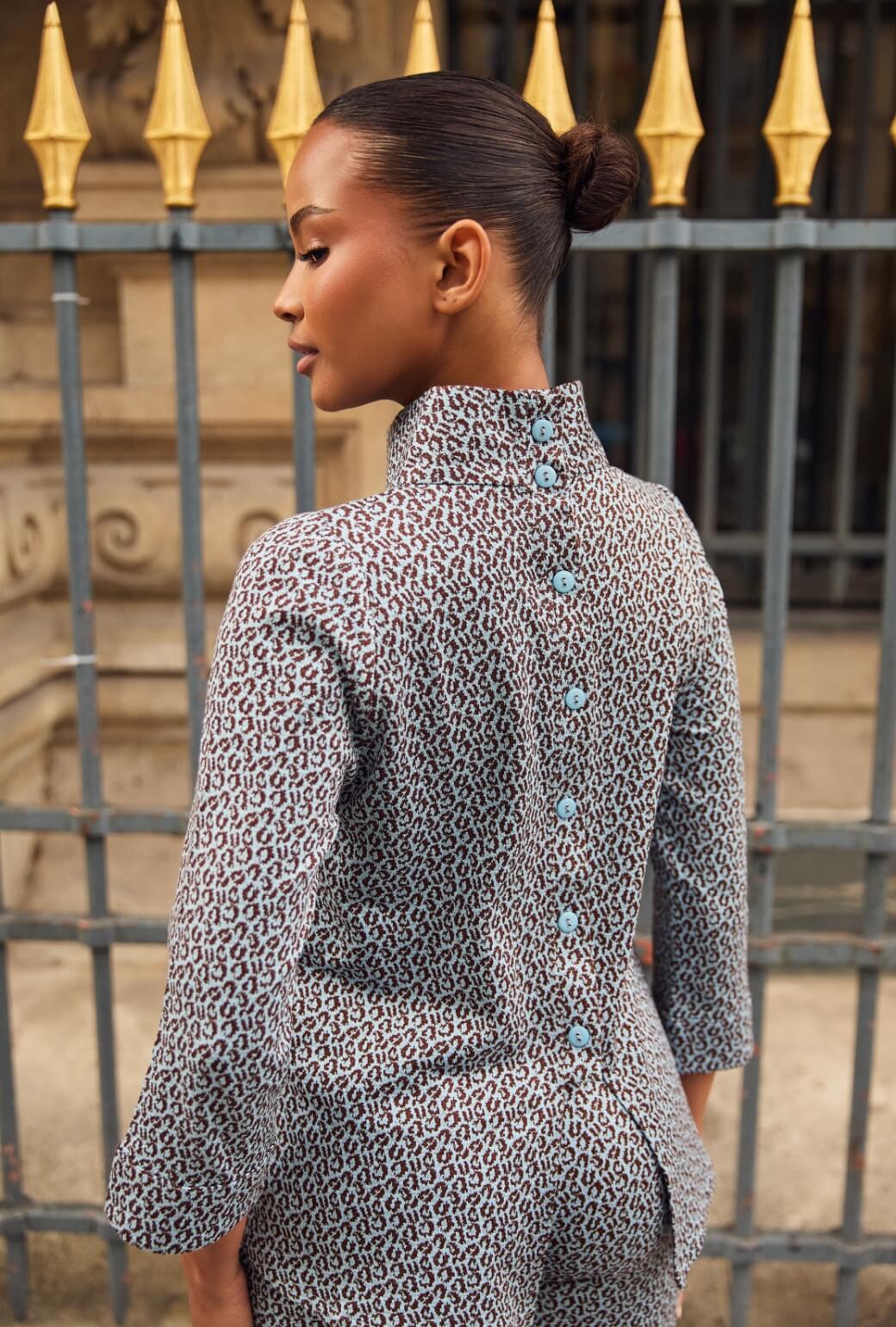Long Sleeve Mod Top - Blue & Brown Cheetah Knit - BURU