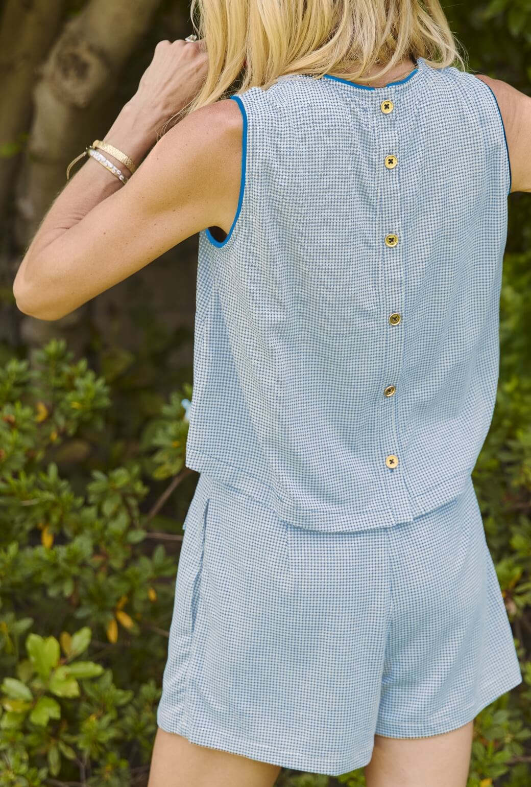 Crew Neck Blouse - Blue Gingham Knit - BURU