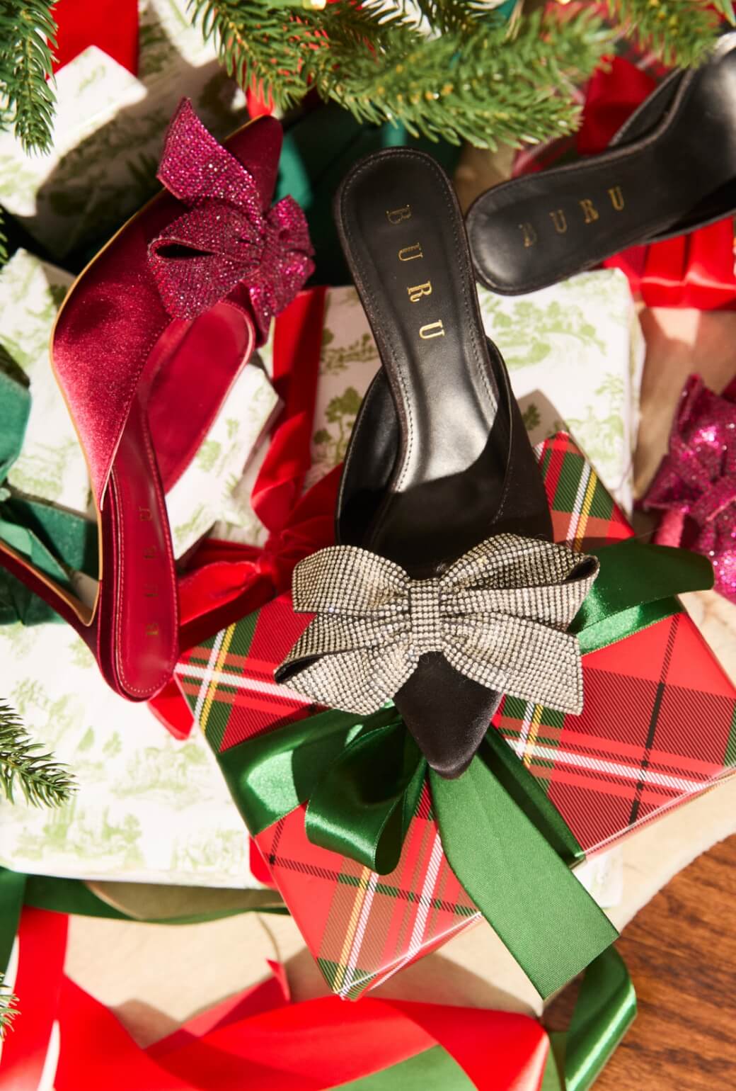 Rhinestone Bow Mules - Black Satin - BURU