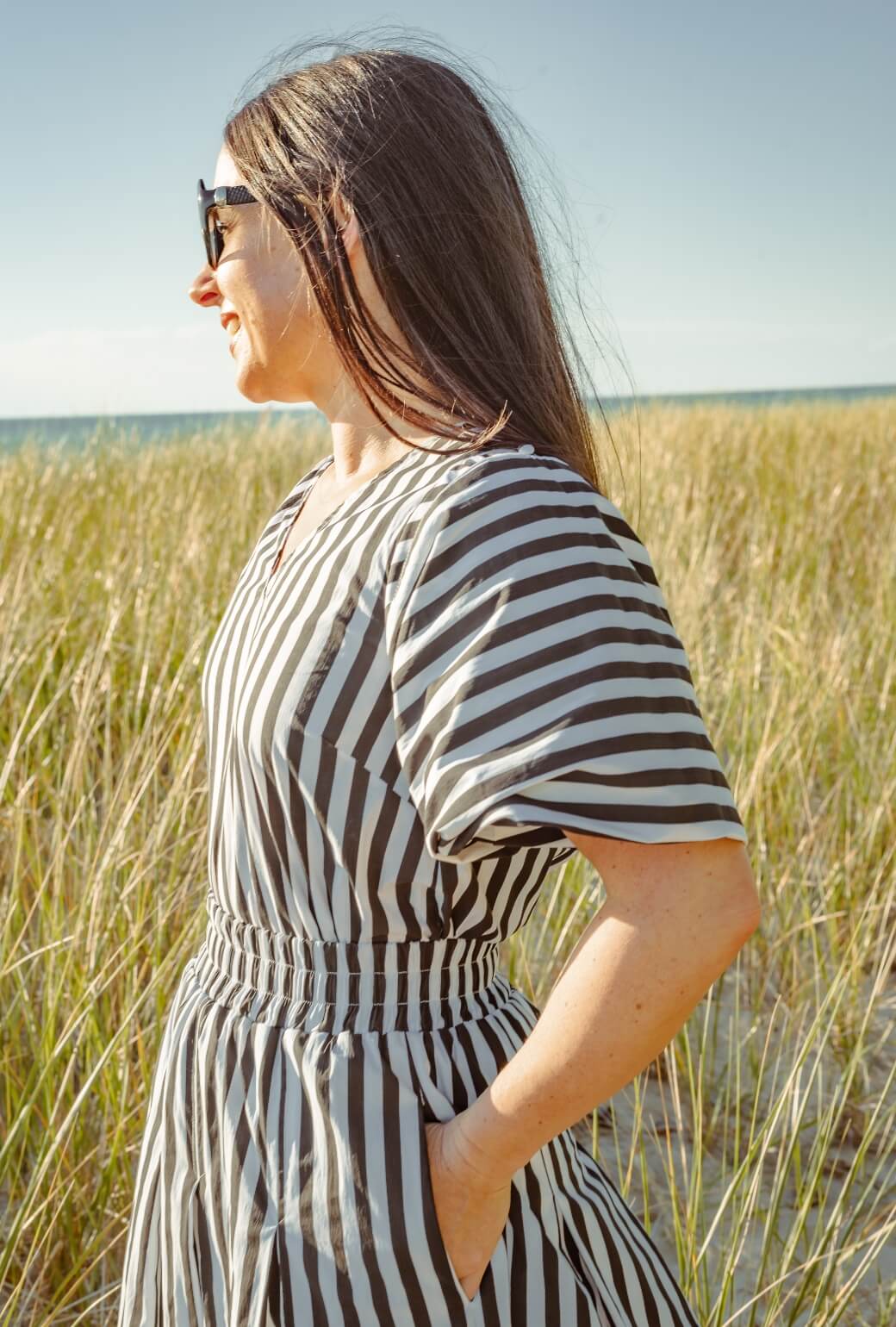 Bell Sleeve V-Neck Top - Black and White Stripe - BURU