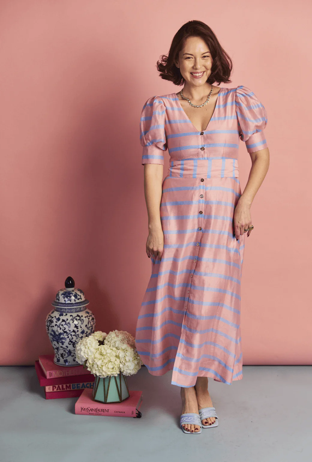 Deep V Puff Sleeve Day Gown - MAXI - Blue Stripe - BURU