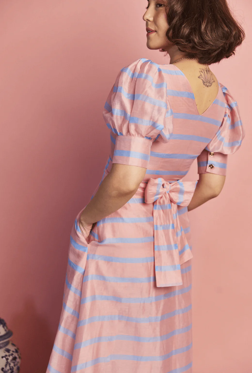 Deep V Puff Sleeve Day Gown - MAXI - Blue Stripe - BURU