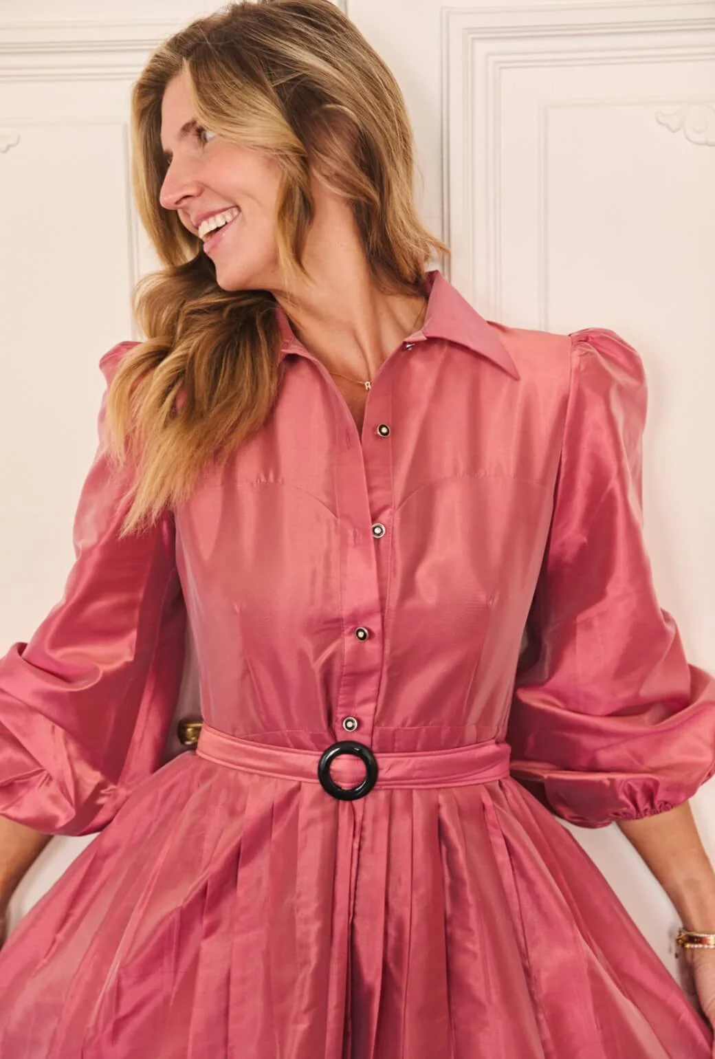 Buru x Anna Kloots Puff Sleeve Shirtdress - Pink Shimmer Taffeta - BURU