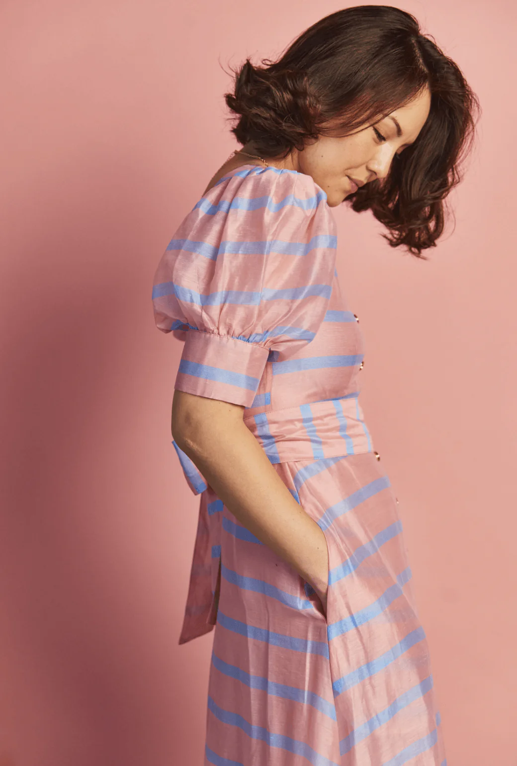 Deep V Puff Sleeve Day Gown - MAXI - Blue Stripe - BURU