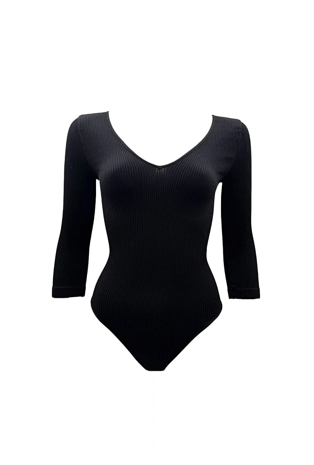 Ribbed V-Neck Long Sleeve Body Suit - Black - BURU