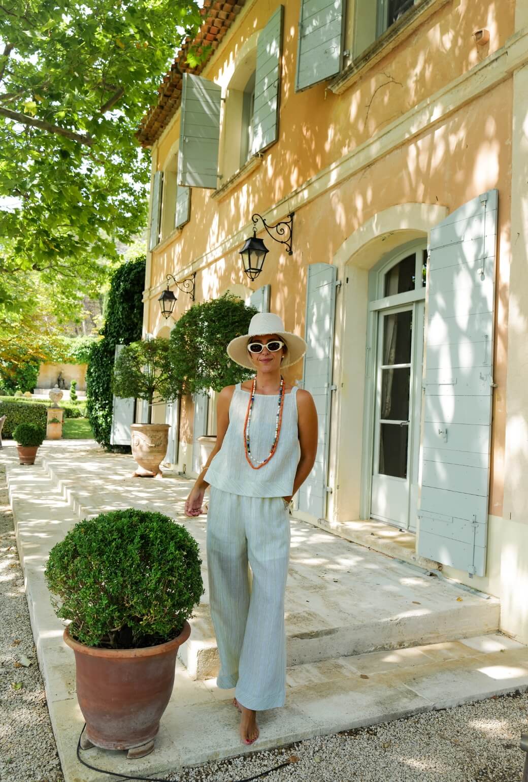 Buru x Megan Stokes Wide Leg Trouser - Green Linen Stripe - BURU