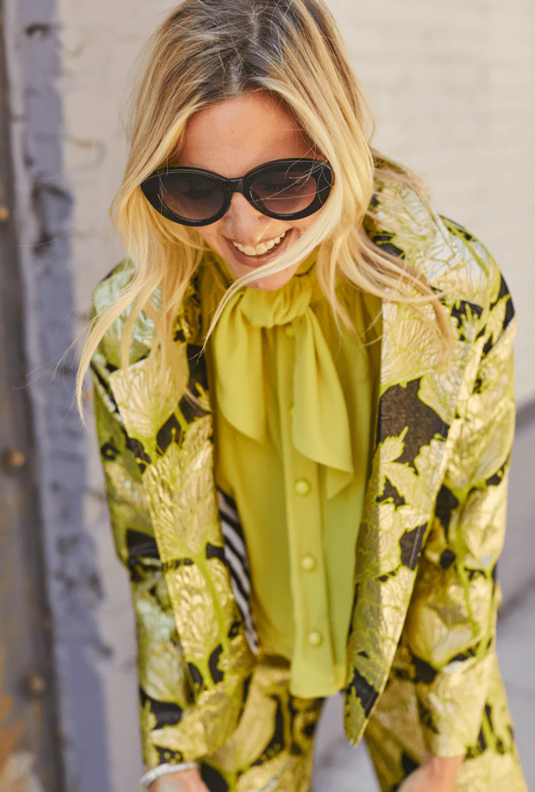 Cropped Boyfriend Blazer - Chartreuse and Black Brocade - BURU