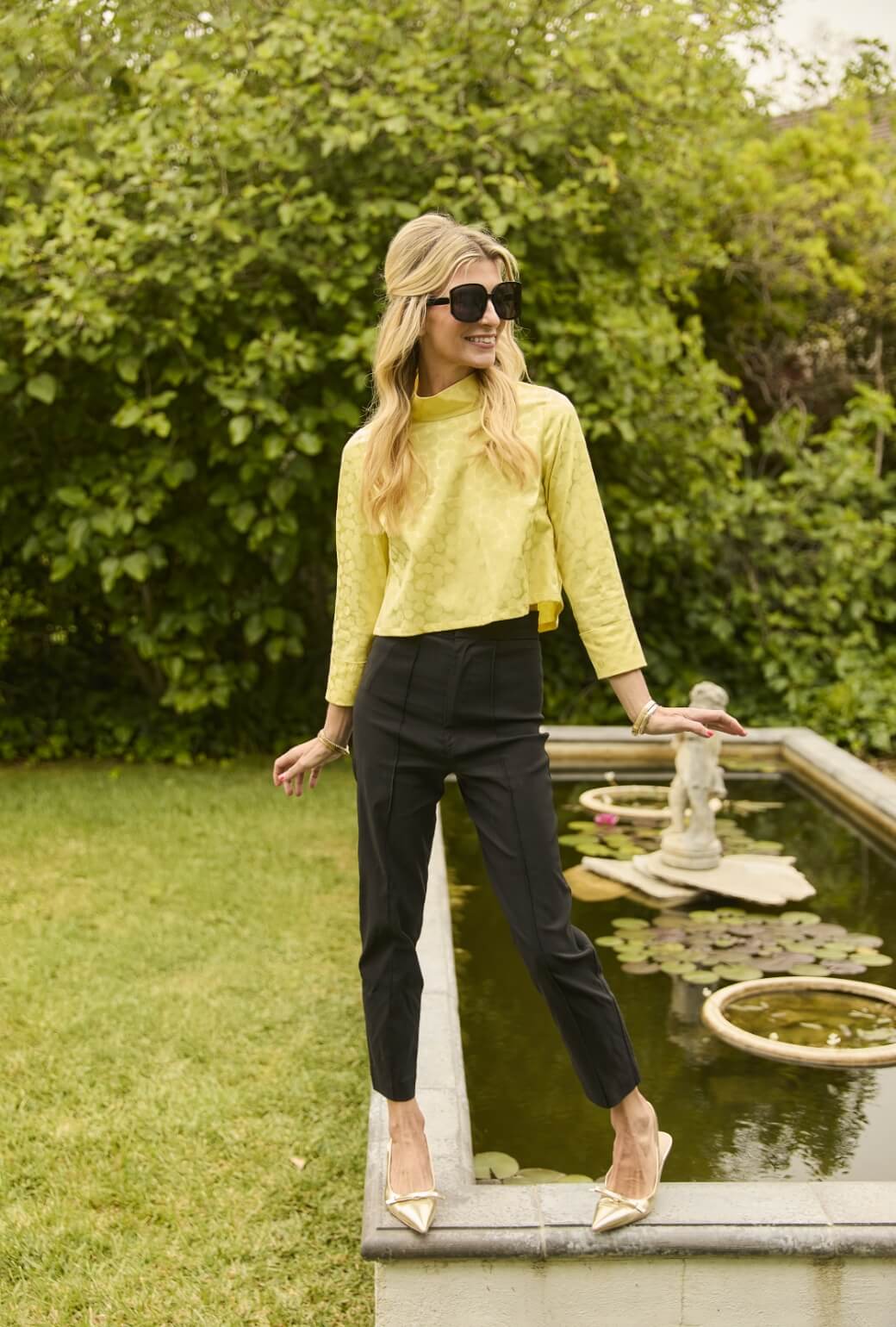 Long Sleeve Twiggy Top - Yellow Satin Polka Dot - BURU