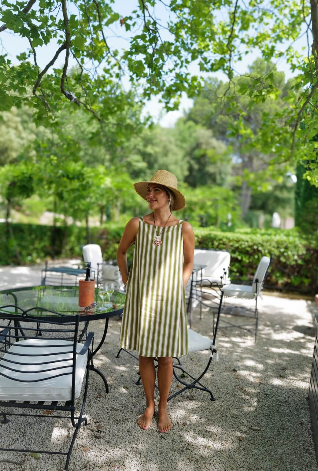 Buru x Megan Stokes The Megan Dress KNEE LENGTH - Green & Brown Stripe - BURU