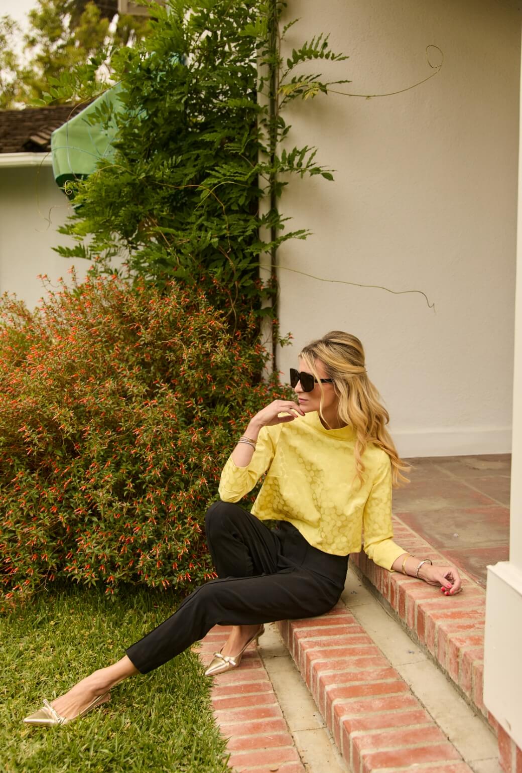 Long Sleeve Twiggy Top - Yellow Satin Polka Dot - BURU