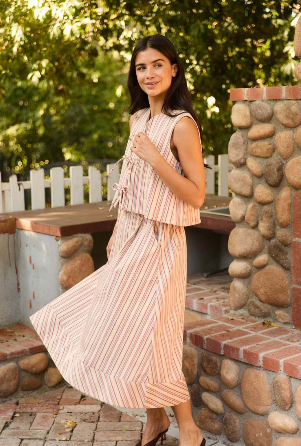 Flat Front MIDI Skirt - Poppy and Brown Stripe - BURU