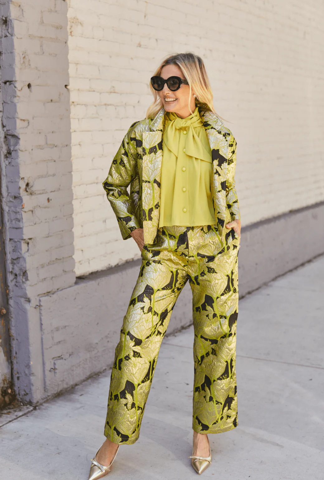 Cropped Boyfriend Blazer - Chartreuse and Black Brocade - BURU